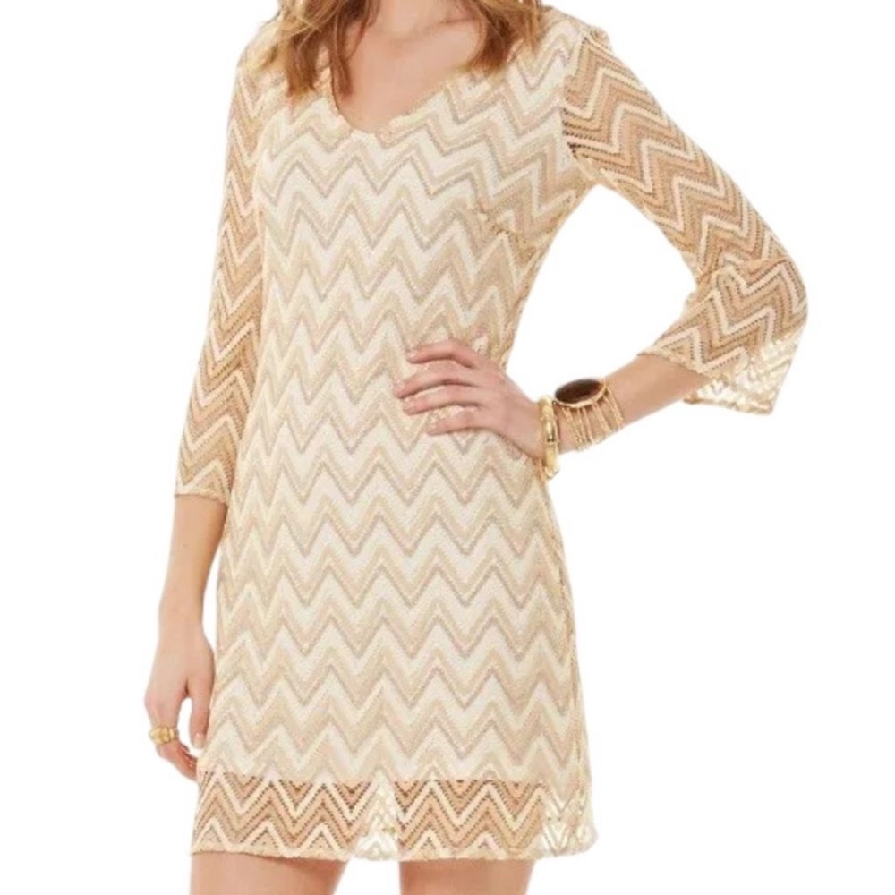 Lilly Pulitzer Gold Chevron Lace Dress Resortwear Beach Summer Vacation Size L